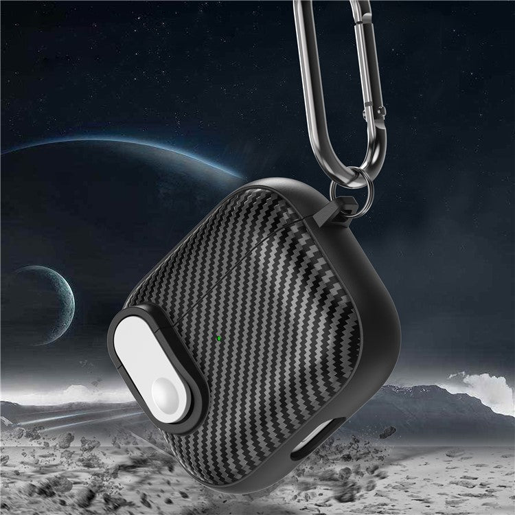 For Apple AirPods 3 TPU+PC Headset Case Buckle Design Carbon Fiber Cover with Anti Lost Hook - Black+White