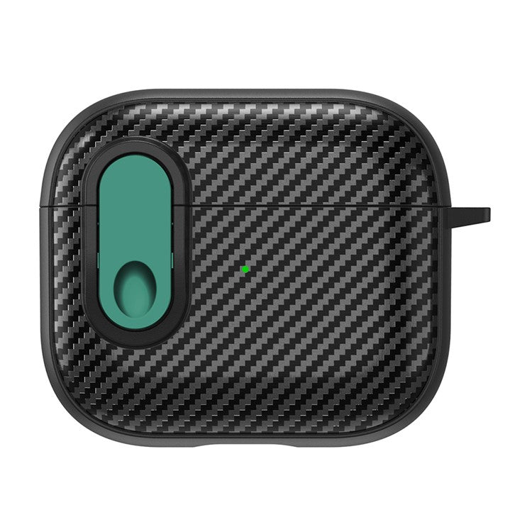 For Apple AirPods 3 TPU+PC Headset Case Buckle Design Carbon Fiber Cover with Anti Lost Hook - Black+Green