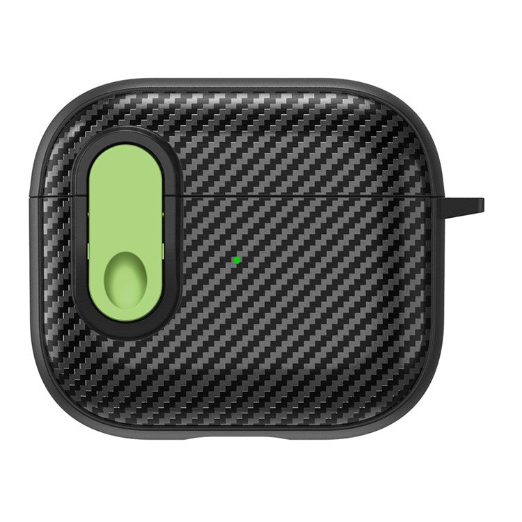 For Apple AirPods 3 TPU+PC Headset Case Buckle Design Carbon Fiber Cover with Anti Lost Hook - Black+Light Green