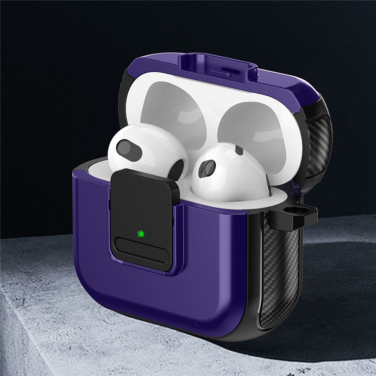 For Apple AirPods 3 Bluetooth Earphone Magnetic Case Buckle Design Earbud TPU Cover with Carabiner - Black+Purple