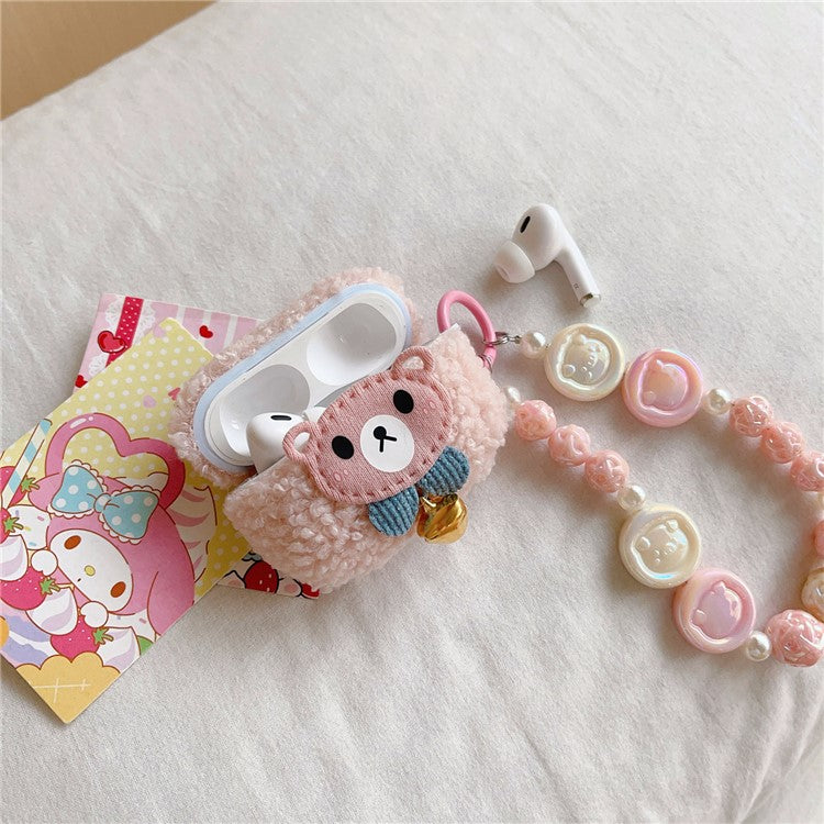 For Apple AirPods Pro Bell Decor Cute Bear Protective Case Fluff TPU Earphone Cover with Wrist Chain