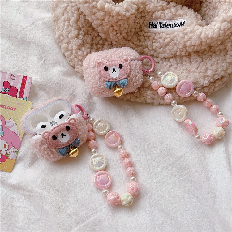 For Apple AirPods Pro Bell Decor Cute Bear Protective Case Fluff TPU Earphone Cover with Wrist Chain