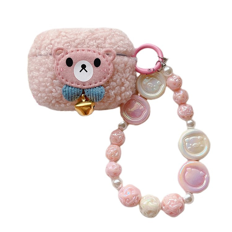 For AirPods Pro 2 / Pro Bell Decor Cartoon Bear Earphone Case Soft Fluff TPU Anti-Drop Cover with Chain Pendant