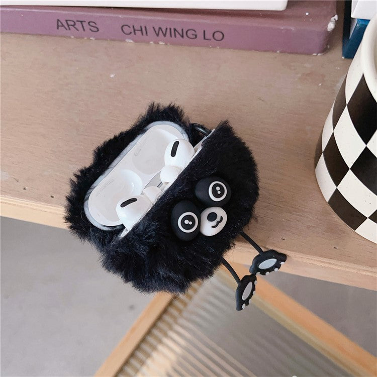 For Apple AirPods Pro Earphone Plush Case Cartoon Raccoon Earbud Cover with Ring Buckle - Black