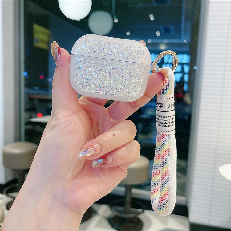 For Apple AirPods Pro Earphone Case Glitter TPU Earbud Holder  with Hand Strap - Silver