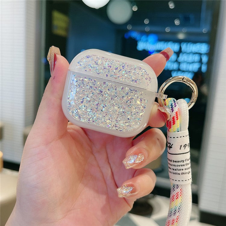 For Apple AirPods Pro Earphone Case Glitter TPU Earbud Holder  with Hand Strap - Silver