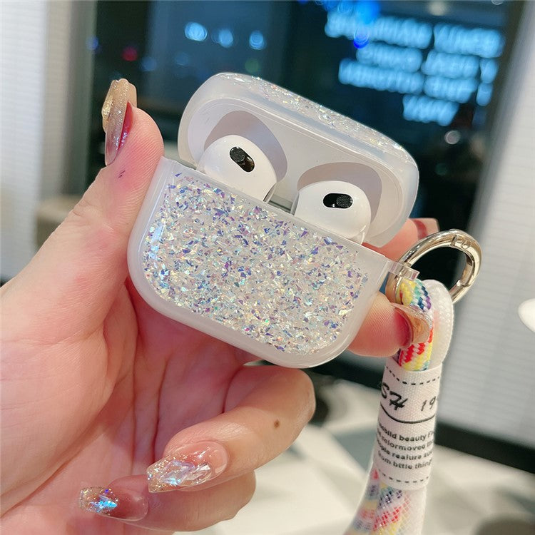 For Apple AirPods Pro Earphone Case Glitter TPU Earbud Holder  with Hand Strap - Silver