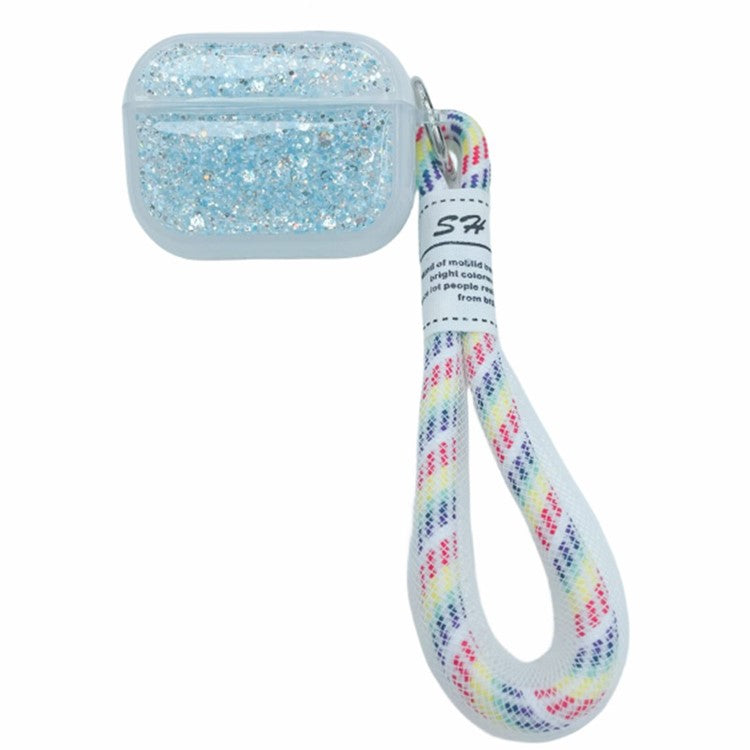 For Apple AirPods Pro Earphone Case Glitter TPU Earbud Holder  with Hand Strap - Blue