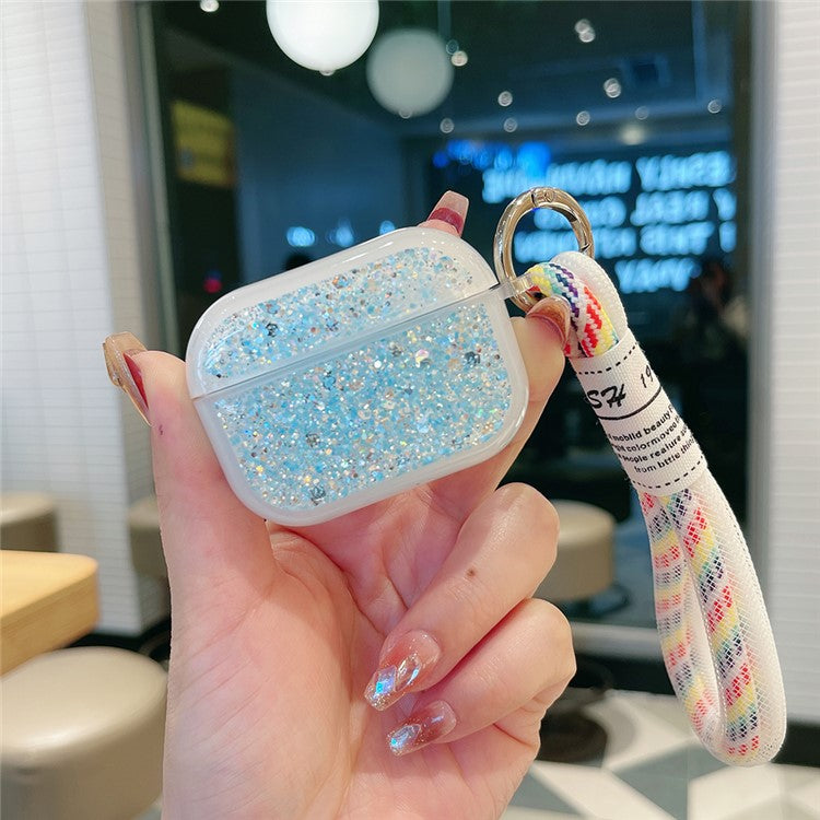 For Apple AirPods Pro Earphone Case Glitter TPU Earbud Holder  with Hand Strap - Blue