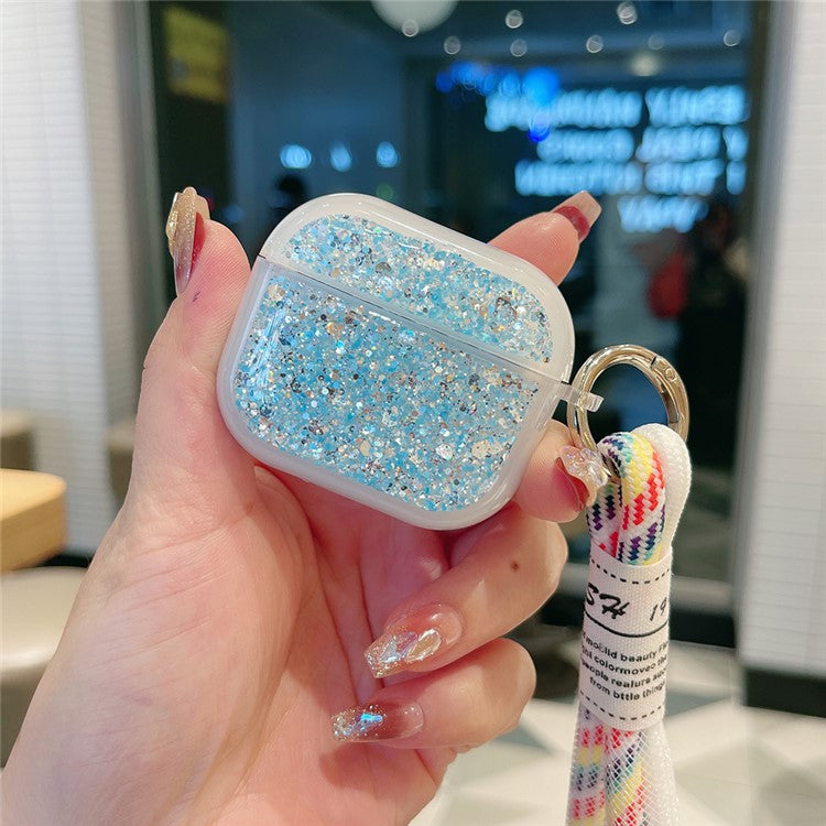 For Apple AirPods Pro Earphone Case Glitter TPU Earbud Holder  with Hand Strap - Blue