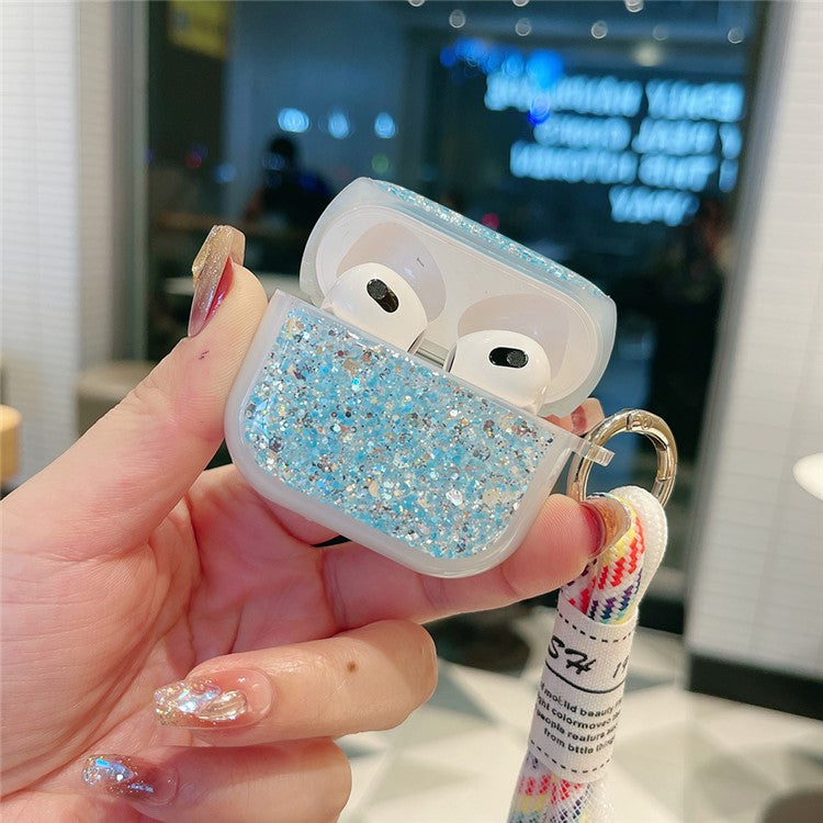 For Apple AirPods Pro Earphone Case Glitter TPU Earbud Holder  with Hand Strap - Blue