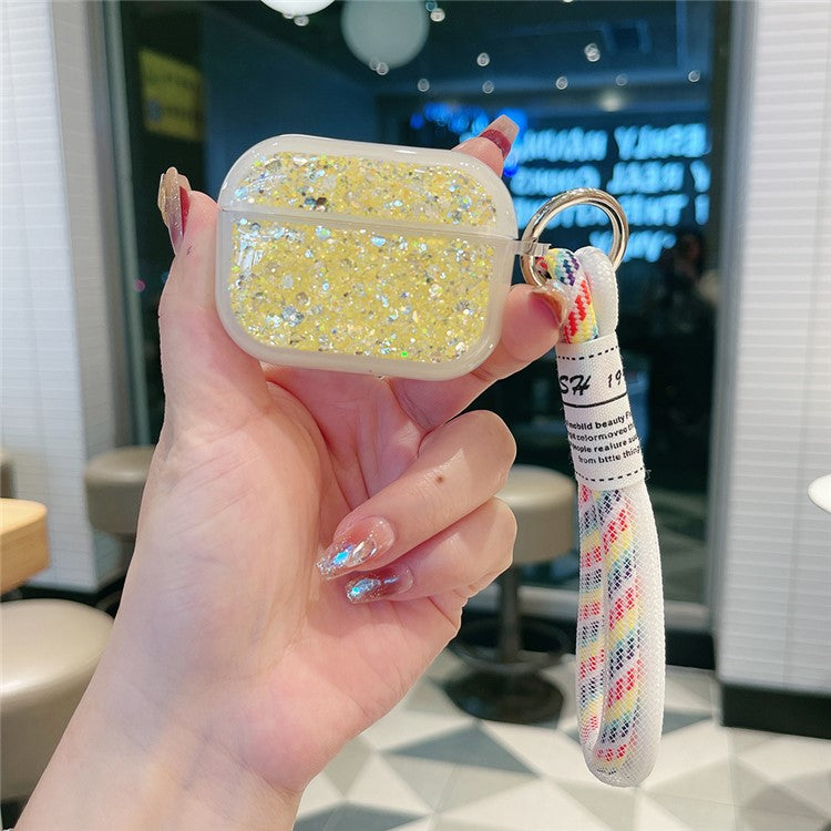 For Apple AirPods Pro Earphone Case Glitter TPU Earbud Holder  with Hand Strap - Yellow