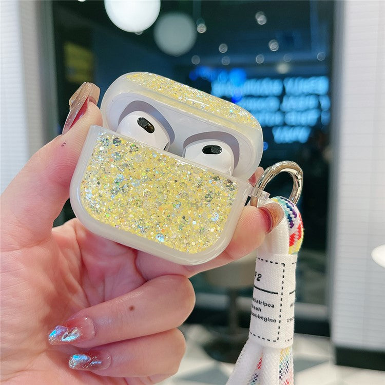 For Apple AirPods Pro Earphone Case Glitter TPU Earbud Holder  with Hand Strap - Yellow