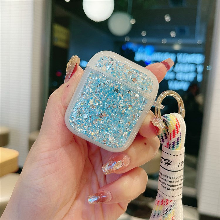 For Apple AirPods with Charging Case (2016) / (2019) / AirPods with Wireless Charging Case (2019) Case Glitter TPU Earphone Cover with Strap - Blue