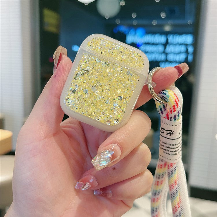 For Apple AirPods with Charging Case (2016) / (2019) / AirPods with Wireless Charging Case (2019) Case Glitter TPU Earphone Cover with Strap - Yellow