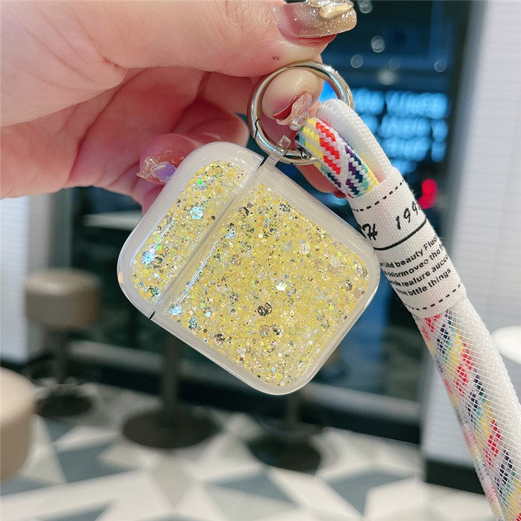 For Apple AirPods with Charging Case (2016) / (2019) / AirPods with Wireless Charging Case (2019) Case Glitter TPU Earphone Cover with Strap - Yellow