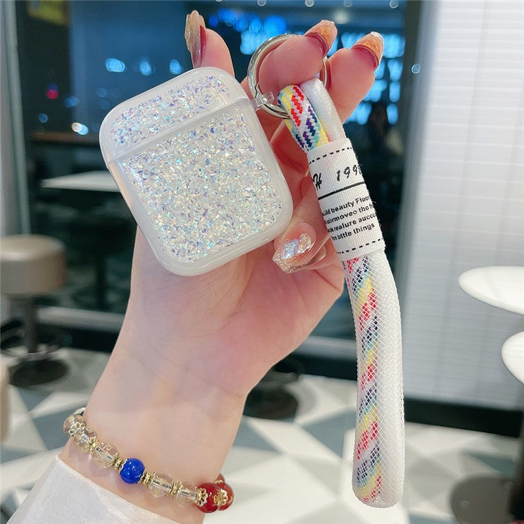 For Apple AirPods with Charging Case (2016) / (2019) / AirPods with Wireless Charging Case (2019) Case Glitter TPU Earphone Cover with Strap - Silver