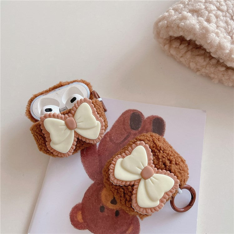 For Apple AirPods 3 Fluffy Earphone Case Bowknot Decor Earbud Anti-drop Cover with Ring Buckle