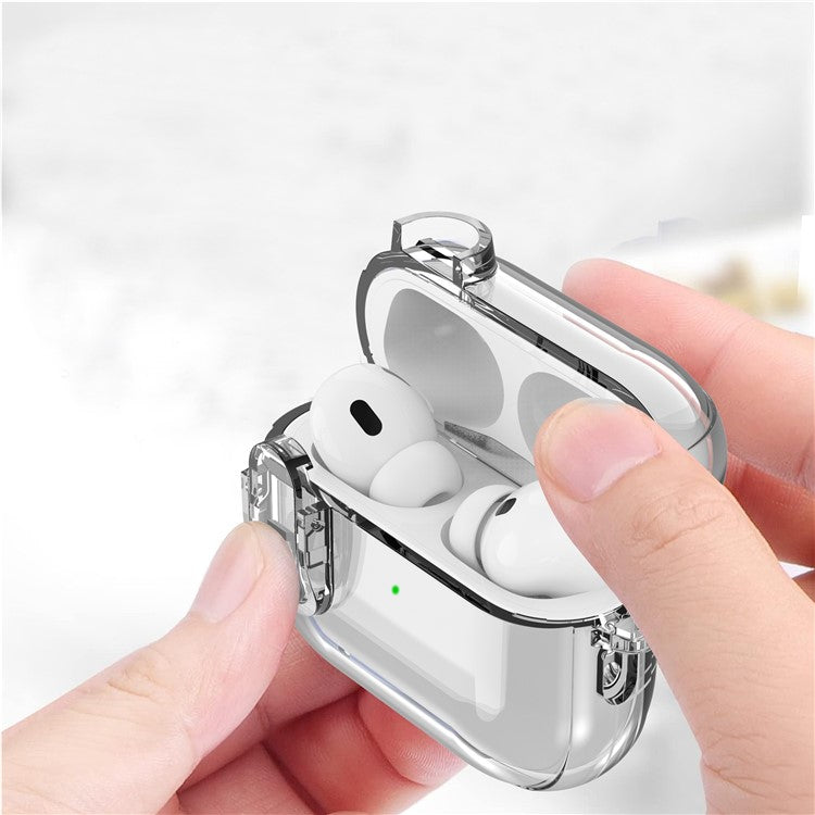 For AirPods Pro 2 Clear Earphone Case PC + TPU Bluetooth Earbud Cover with Hanging Buckle - Transparent