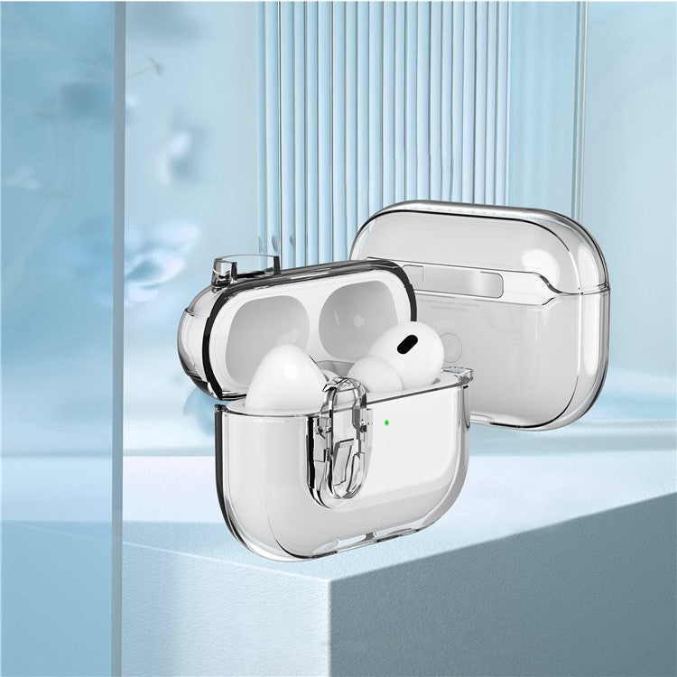 For AirPods Pro 2 Clear Earphone Case PC + TPU Bluetooth Earbud Cover with Hanging Buckle - Transparent