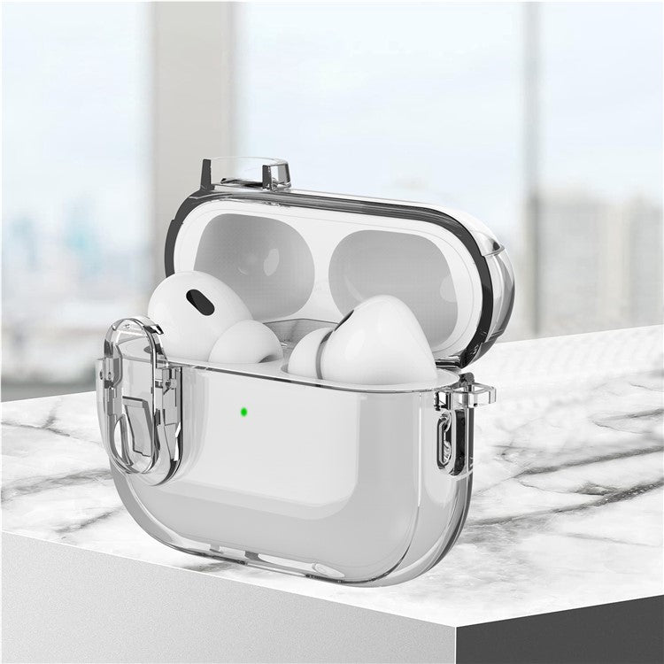 For AirPods Pro 2 Clear Earphone Case PC + TPU Bluetooth Earbud Cover with Hanging Buckle - Transparent