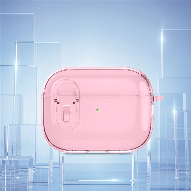 For AirPods Pro 2 Clear Earphone Case PC + TPU Bluetooth Earbud Cover with Hanging Buckle - Pink