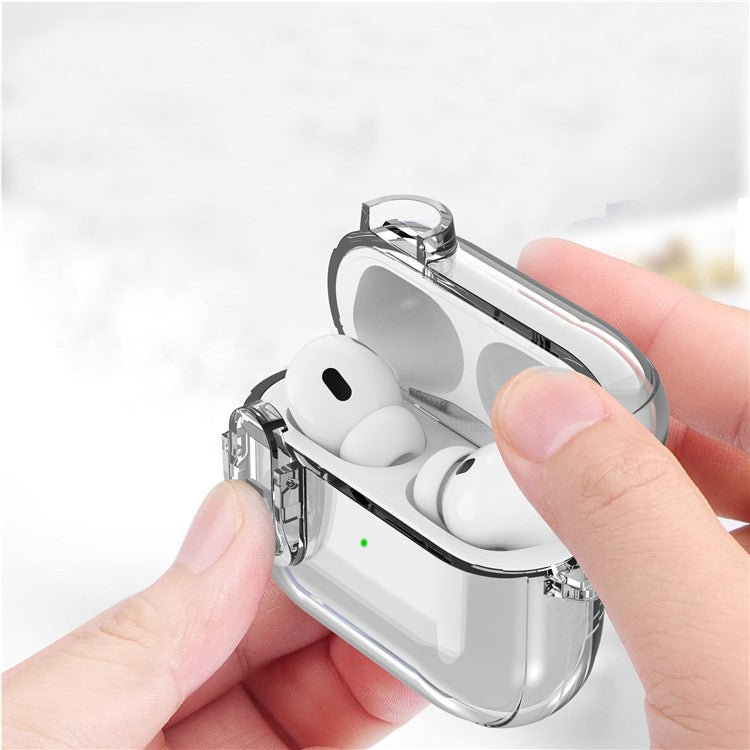 For Apple AirPods Pro Bluetooth Earphone Case PC + TPU Crystal Clear Cover with Hanging Buckle - Transparent