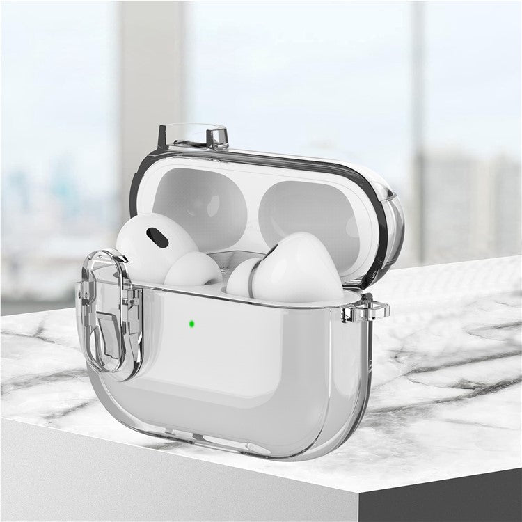 For Apple AirPods Pro Bluetooth Earphone Case PC + TPU Crystal Clear Cover with Hanging Buckle - Transparent