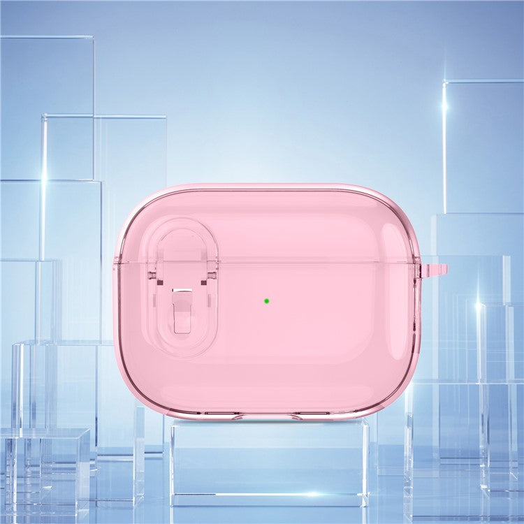 For Apple AirPods Pro Bluetooth Earphone Case PC + TPU Crystal Clear Cover with Hanging Buckle - Pink