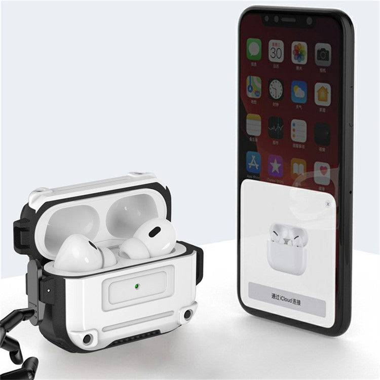 For AirPods Pro 2 Anti-drop PC+TPU Case Bluetooth Earbud Cover with Hanging Buckle - White