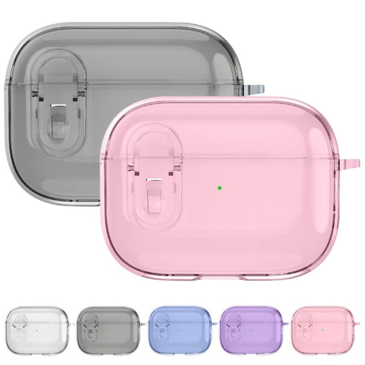 For Apple AirPods Pro 2 Earphone Case Buckle Design Anti-drop TPU Earbud Cover with Carabiner - Transparent