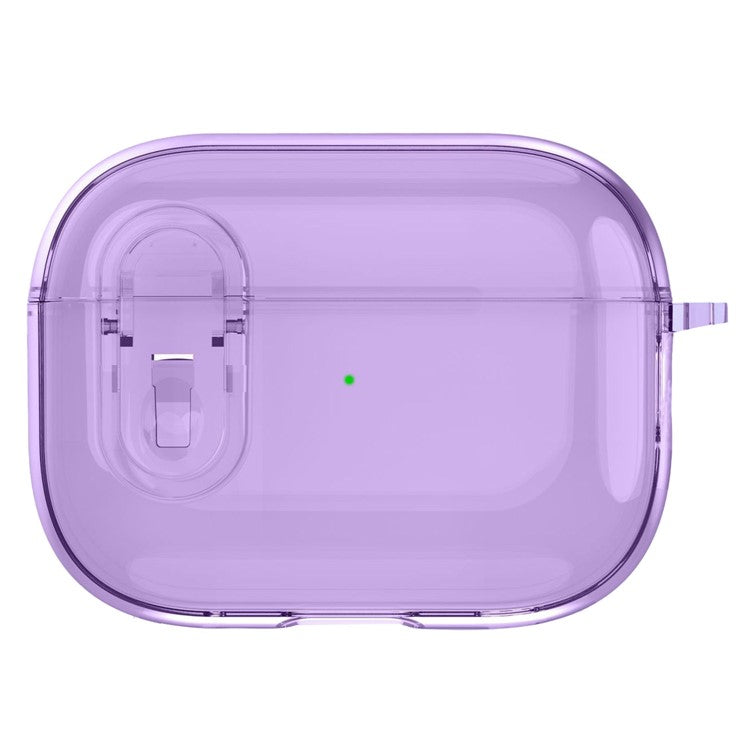 For Apple AirPods Pro 2 Earphone Case Buckle Design Anti-drop TPU Earbud Cover with Carabiner - Transparent Purple