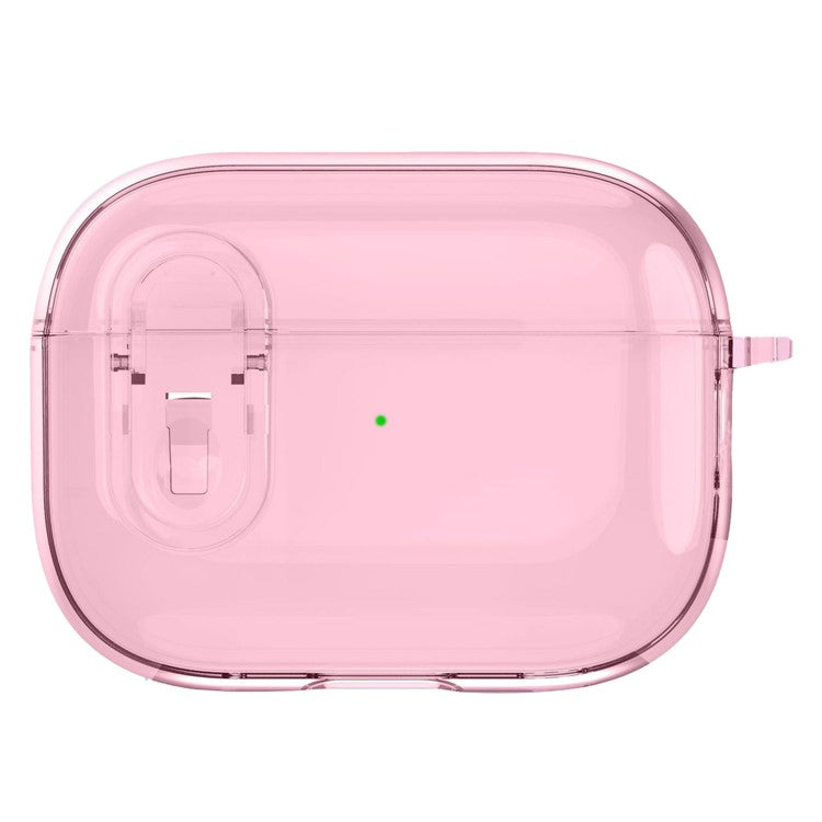 For Apple AirPods Pro 2 Earphone Case Buckle Design Anti-drop TPU Earbud Cover with Carabiner - Transparent Pink