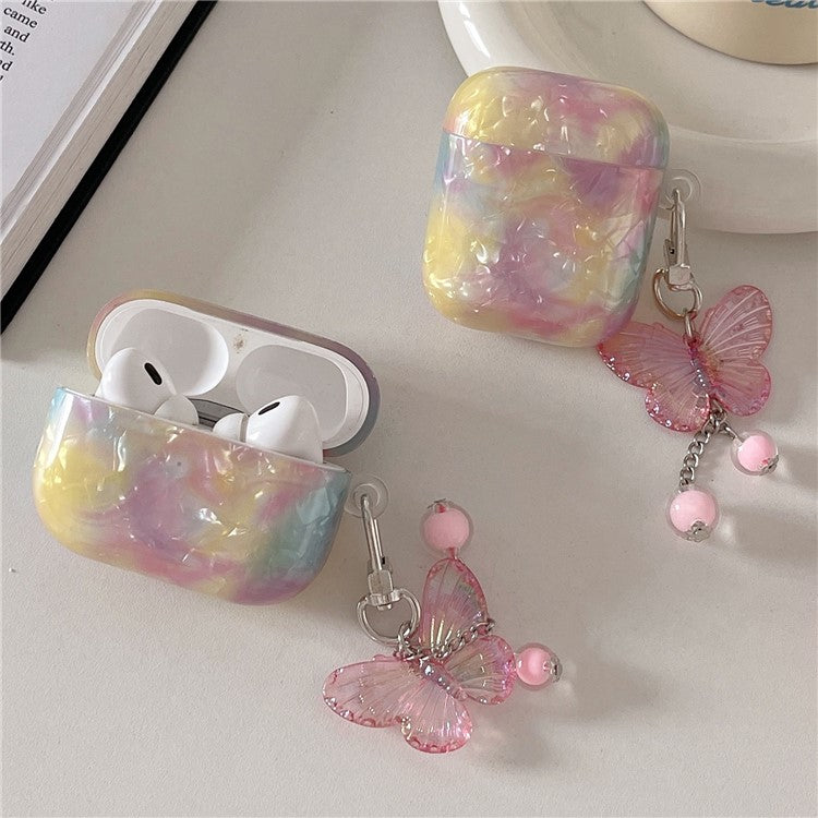 For AirPods Pro 2 Rainbow Shell Texture TPU Cover Anti-drop Earphone Case with Butterfly Pendant