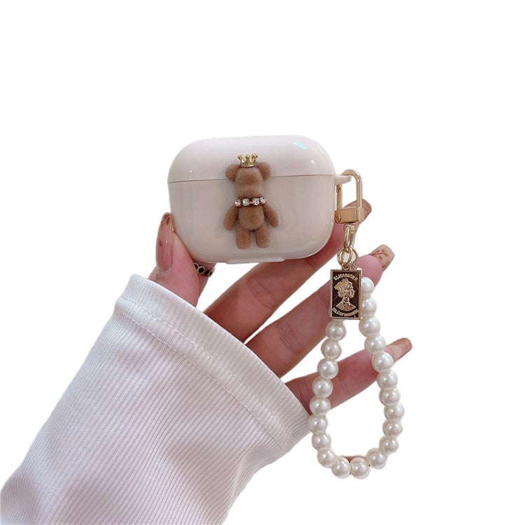 For Apple AirPods Pro Cute Bear TPU Cover Bluetooth Earphone Anti-drop Case with Pearl Bracelet - Bear with Crown