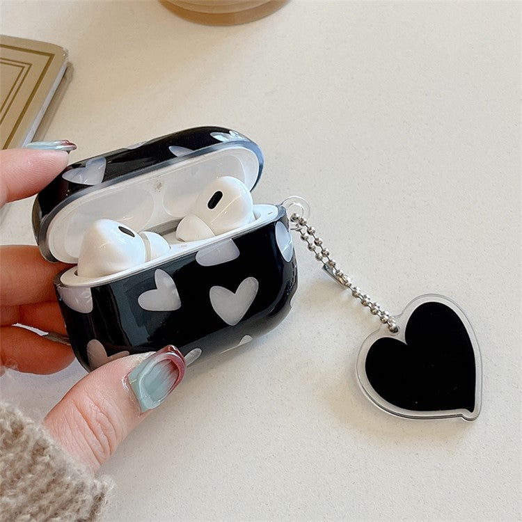 For Apple AirPods Pro Heart Pattern Shell Texture TPU Cover Anti-drop Earphone Case with Pendant - Black