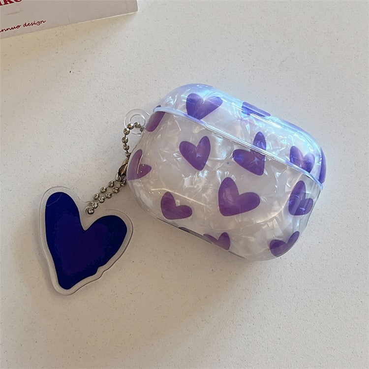 For Apple AirPods Pro Heart Pattern Shell Texture TPU Cover Anti-drop Earphone Case with Pendant - Purple