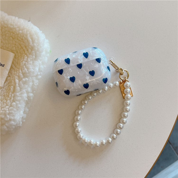 For AirPods Pro 2 / Pro Blue Heart Pattern Protective Cover Shell Texture Bluetooth Earphone TPU Case with Bracelet