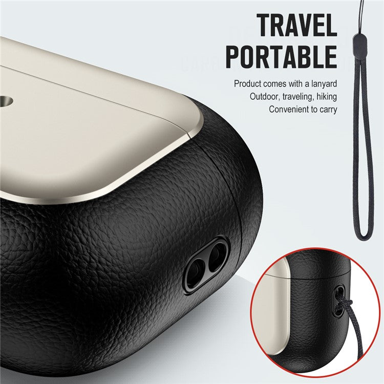 For AirPods Pro 2 TPU Case Litchi Texture Fall Prevention Earphone Cover with Lanyard - Titanium Grey