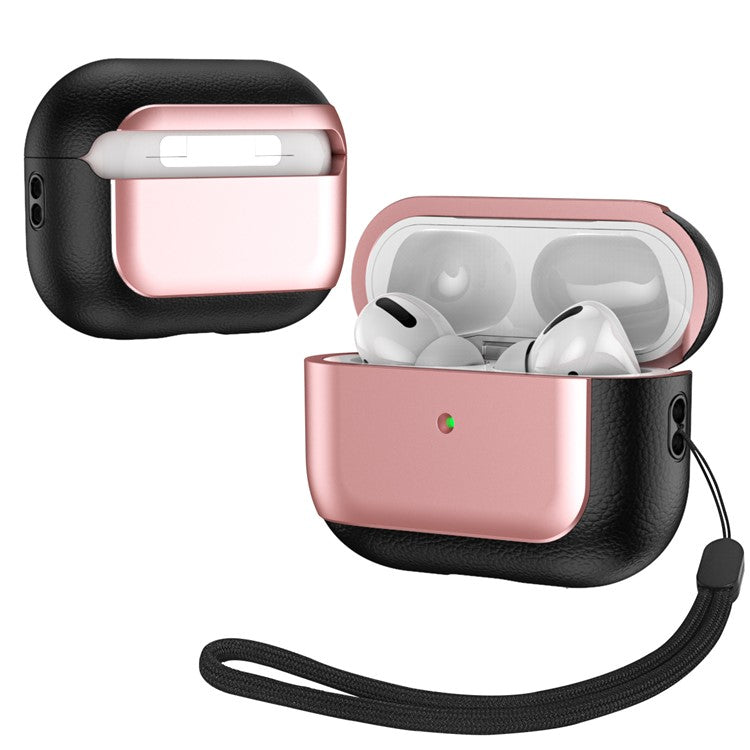 For AirPods Pro 2 TPU Case Litchi Texture Fall Prevention Earphone Cover with Lanyard - Rose Gold