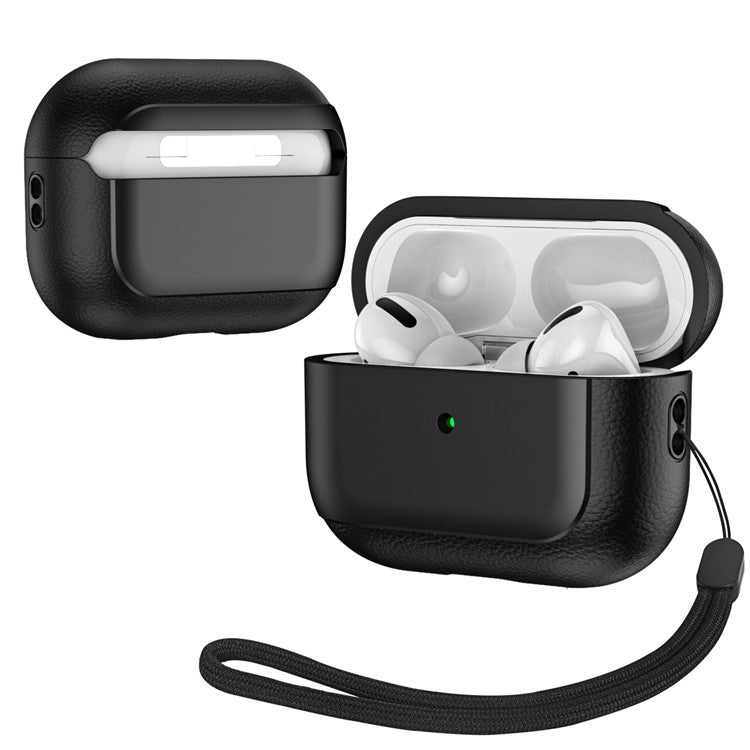 For AirPods Pro 2 TPU Case Litchi Texture Fall Prevention Earphone Cover with Lanyard - Black