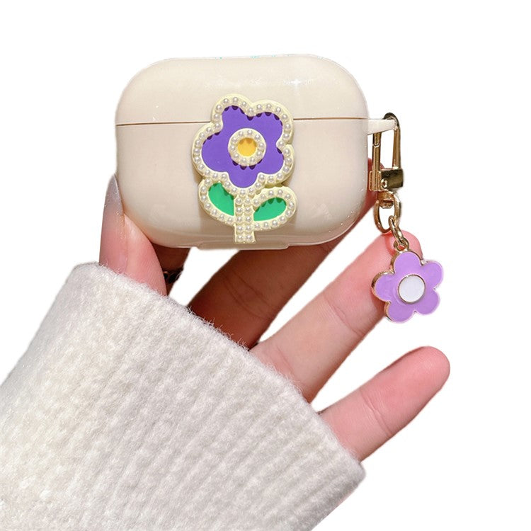 For Apple AirPods Pro 2 TPU Cover Pearl Flower Earbud Protection Case with Pendant - Purple Green Flower