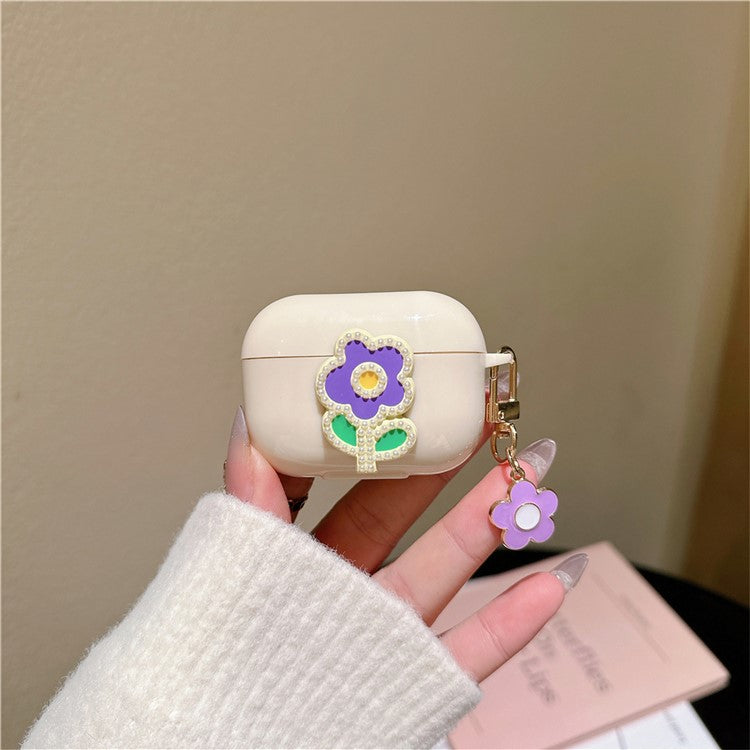 For Apple AirPods Pro 2 TPU Cover Pearl Flower Earbud Protection Case with Pendant - Purple Green Flower