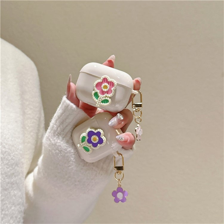 For Apple AirPods Pro 2 TPU Cover Pearl Flower Earbud Protection Case with Pendant - Purple Green Flower