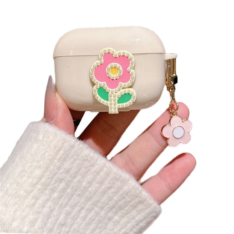 For Apple AirPods Pro 2 TPU Cover Pearl Flower Earbud Protection Case with Pendant - Pink Green Flower