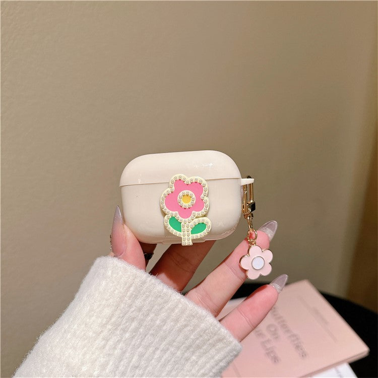 For Apple AirPods Pro 2 TPU Cover Pearl Flower Earbud Protection Case with Pendant - Pink Green Flower