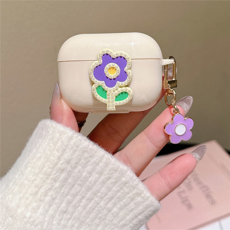 For Apple AirPods 3 Case Pearl Flower TPU Protector Earphone Organizer Carrying Cover with Pendant - Purple Green Flower