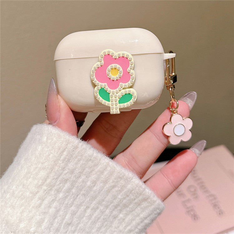 For Apple AirPods 3 Case Pearl Flower TPU Protector Earphone Organizer Carrying Cover with Pendant - Pink Green Flower