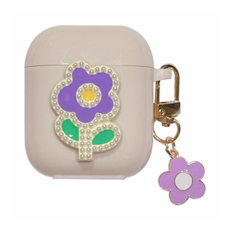 For AirPods with Charging Case (2016) / (2019) / AirPods with Wireless Charging Case (2019) TPU Cover with Pendant Earphone Case - Purple Green Flower