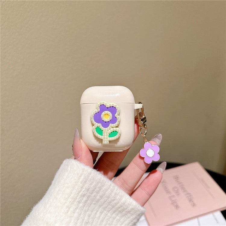 For AirPods with Charging Case (2016) / (2019) / AirPods with Wireless Charging Case (2019) TPU Cover with Pendant Earphone Case - Purple Green Flower